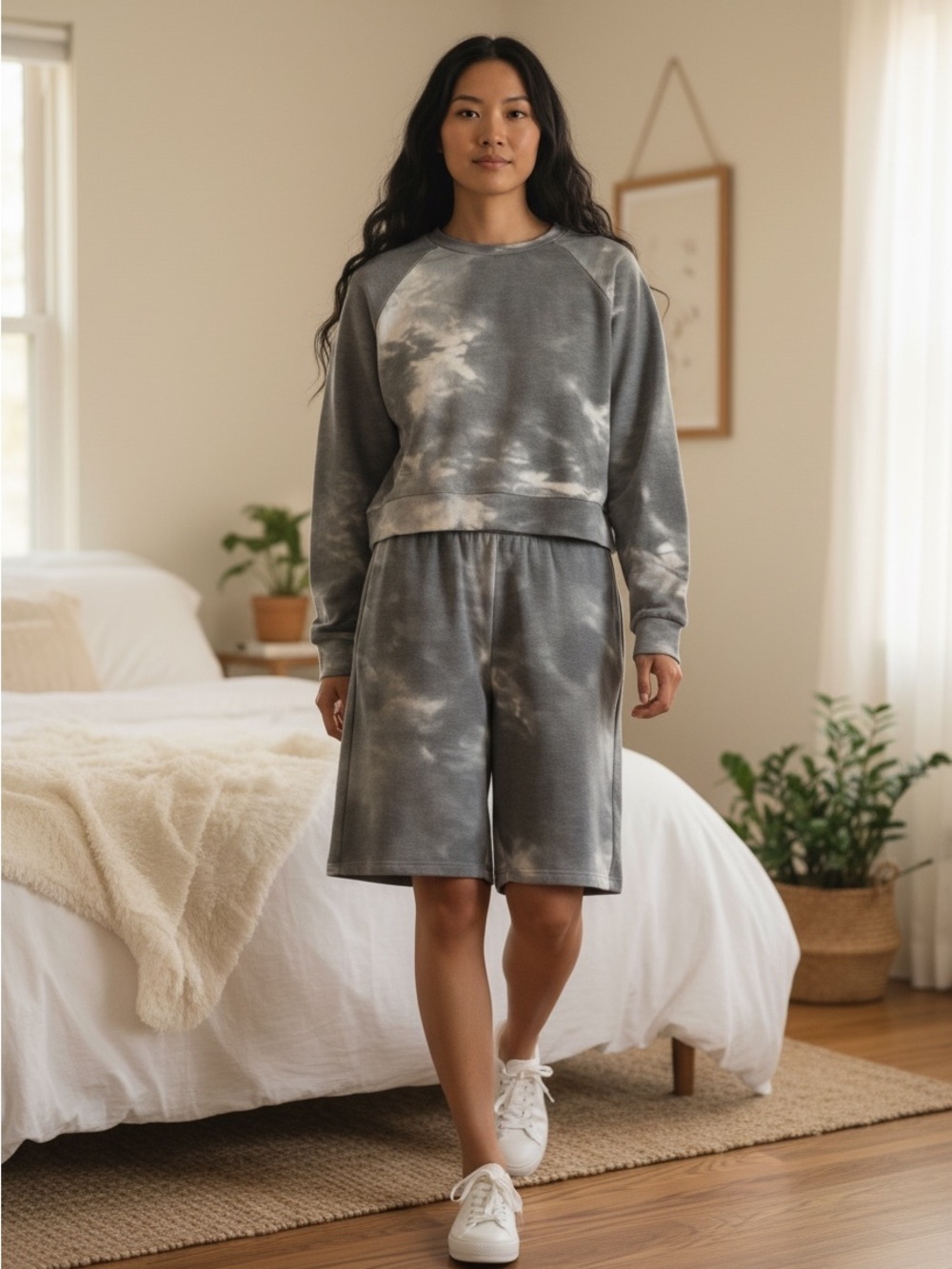 ANORA Mode Gray Tie-Dye Sweatshirt and Shorts Set